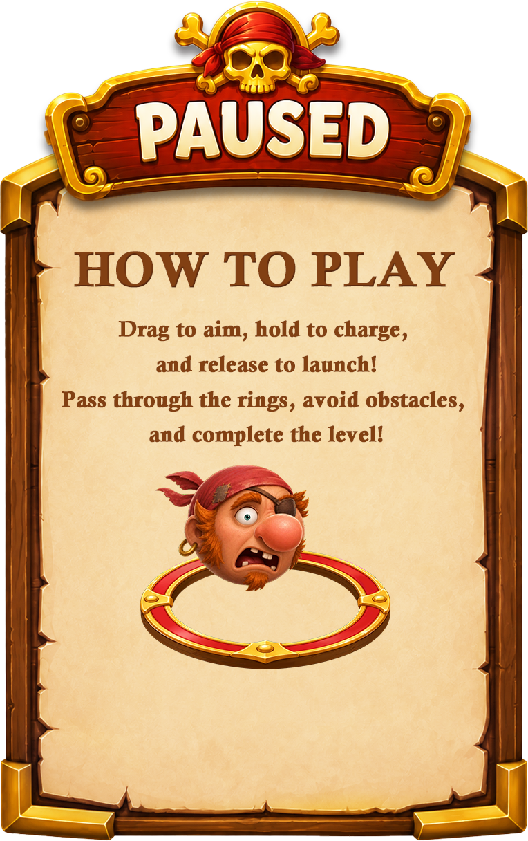 Paused. How to play: drag to aim, hold to charge, release to launch, pass through the rings, avoid obstacles, and complete the level.